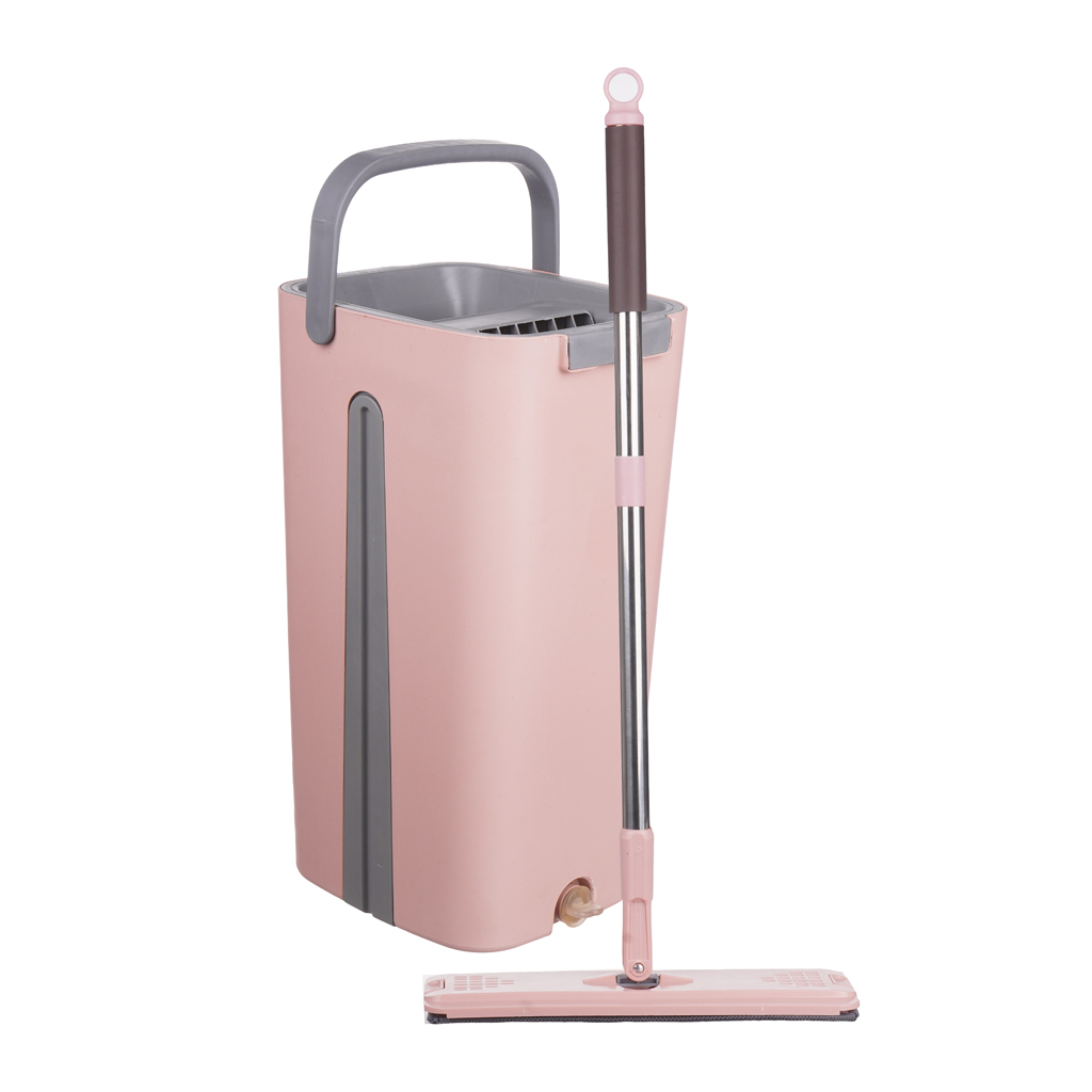 مساحة موب مسطحة مع جردل بعصارة بلاستيك حجازي، 10 لتر - روز رمادي